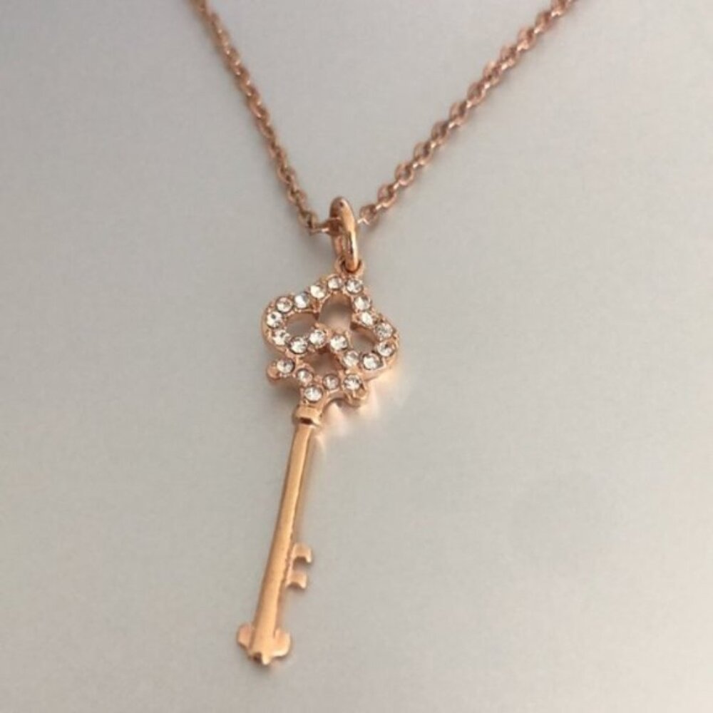 Rose Gold Plated Necklace w Key Charm Pendant W Cubic Zirconia Stones